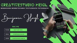 Visitenkarte von Creative Studio Heigl: Kontaktinformationen und Slogan auf grün-schwarzem Hintergrund.