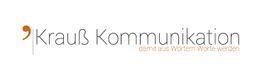 Krauß Kommunikation Logo mit Slogan: "damit aus Wörtern Worte werden" in schwarzer und oranger Schrift.