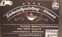 Visitenkarte von Edelmetallgestaltung Krausch mit Kontaktdaten und Kaffeetasse-Design.