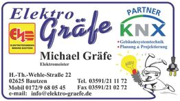 Visitenkarte von Elektro Gräfe, mit Kontaktinformationen und Logo, sowie KNX-Partner.