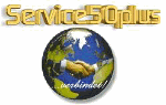 Text "Service50plus" und zwei Händeschütteln auf einer Weltkugel.