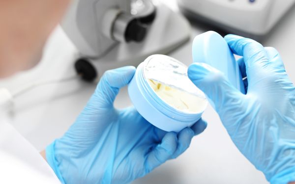 Person mit blauen Schutzhandschuhen öffnet einen Tiegel mit Creme in einer medizinischen oder pharmazeutischen Umgebung.