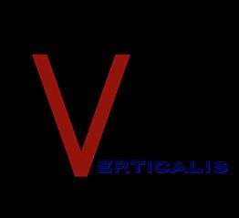 Letra "V" roja con "Verticalis" azul sobre fondo negro.