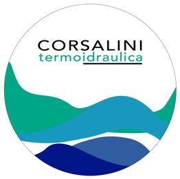 Logo di Corsalini Termoidraulica con onde verdi e blu su sfondo bianco.