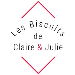 Logo de "Les Biscuits de Claire & Julie" avec flèches rouges en haut et en bas.