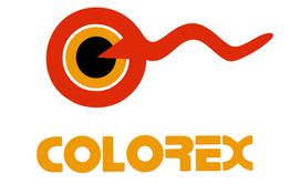 Logotipo abstracto con círculos concéntricos y una línea ondulada, texto "COLOREX" en naranja.