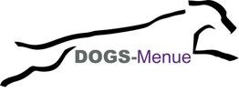 Schwarze Hundeskizze mit Text "DOGS-Menue" in Grau und Lila.
