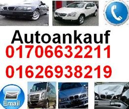 Autoankauf, Telefonnummern, Autos und Symbole für Telefon und E-Mail.