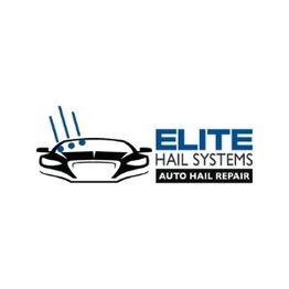 Car silhouette with hail and "Elite Hail Systems Auto Hail Repair" text.