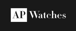 Logo de "AP Watches" en fondo negro, con texto en blanca elegante.