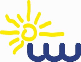 Gelbes Sonnensymbol über stilisierten blauen Wellen.