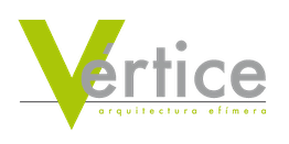 Logo de "Vértice arquitectura efímera" con diseño moderno en verde y gris.