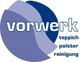 Logo mit Schriftzug "vorwerk" und Wörtern "teppich", "polster", "reinigung" in Blautönen.