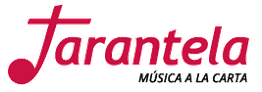 Logo de "Tarantela" en rojo con texto "Música a la Carta" en negro. Fondo blanco.
