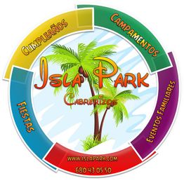Logotipo de Isla Park Cabrerizos con palma y texto sobre cumpleaños y eventos familiares.