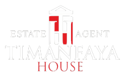 Logotipo de "Timanfaya House Estate Agent" con diseño de columna griega y letras rojas.