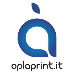 Logo blu con lettera stilizzata "a" e foglia, testo "oplaprint.it" in basso.