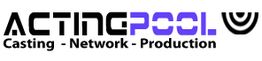 Logo mit Text "ACTINGPOOL - Casting - Network - Production" in Schwarz und Lila mit Symbol rechts.