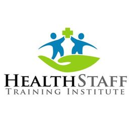Logo of HealthStaff Training Institute with figures holding a green cross above a green hand.