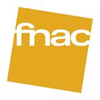 Logotipo da Fnac em fundo laranja inclinado com texto branco.