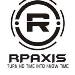 Circular logo with "R Paxis" text below, slogan: "Turn no time into know time."