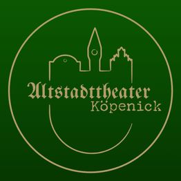 Logo mit Silhouette von Gebäuden und Text "Altstadttheater Köpenick" auf grünem Hintergrund.