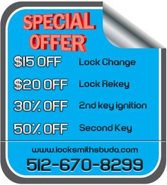 Blue advertisement with locksmith discounts and contact details.