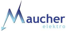 Logo mit blauem stilisierten "Maucher elektro" und einem Blitzsymbol.