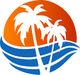 Sunset with palm trees and ocean waves in a stylized logo design.