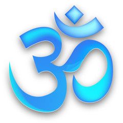 Blaues Om-Symbol auf weißem Hintergrund.