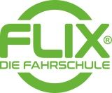 Grünes Logo mit Text: "FLIX - DIE FAHRSCHULE" in Kreisform.