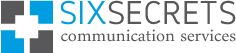 Logo: "SIX SECRETS communication services" in grau und blau mit graphischem Quadrat-Design.