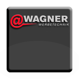 Schwarzes Logo mit rotem At-Zeichen und Text "WAGNER WERBETECHNIK" in Grau und Weiß.