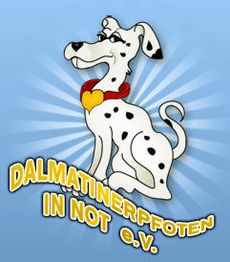 Zeichnung eines Dalmatiners mit rotem Halsband, Text: "Dalmatinerpfoten in Not e.V." auf blauem Hintergrund.