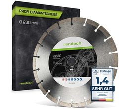 Profi-Diamantscheibe Ø230 mm von rendech mit Verpackung und Bewertungssiegel "1,4 SEHR GUT".
