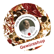 Rundes Logo mit Gewürzen und Foto einer Person, Text: "Gewürzshop" und "Ledig Gewürzmanufaktur".
