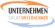 Logo mit Text: "Unternehmen sucht Unternehmer" und orange-blauen Pfeilen.