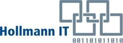 Blaues "Hollmann IT" Logo mit verschlungenen Quadraten und Binärcode darunter.