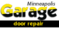 Yellow and black "Garage door repair" text logo with a diagonal design.