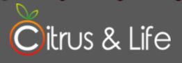 Logotipo "Citrus & Life" con diseño de cítrico y letras blancas sobre fondo gris.