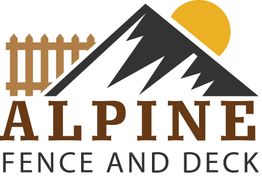 Logo with text "Alpine Fence and Deck" featuring a mountain, sun, and fence graphic.