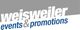 Logo mit Text: "weisweiler events & promotions" in Grau und Blau. Hintergrund teils grau, teils weiß.