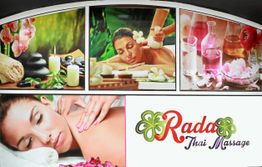Rada Thai Massage-Plakat mit entspannenden Szenen, Blumen und Massagetherapie.