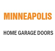 Text reads: "MINNEAPOLIS HOME GARAGE DOORS" in orange and black on a white background.