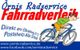 Örnis Radservice Werbung, Cartoon-Figur auf Fahrrad, Kontaktdaten unten auf blauem Hintergrund.