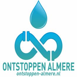 Logo van Ontstoppen Almere met waterdruppel en pijpsymbool in blauw. Tekst: ontstoppen-almere.nl