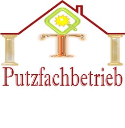 Logo mit stilisiertem Haus und Säulen, Text: "Putzfachbetrieb".