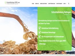 Ein Bagger hebt Schrott; Text wirbt für kostenlosen Schrottservice in NRW für Privat und Firmen.