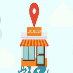 Illustration of a shop labeled "Local SEO" with a map pin above it.
