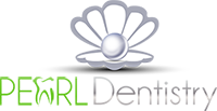 A pearl inside an open shell with text nearby; logo design.